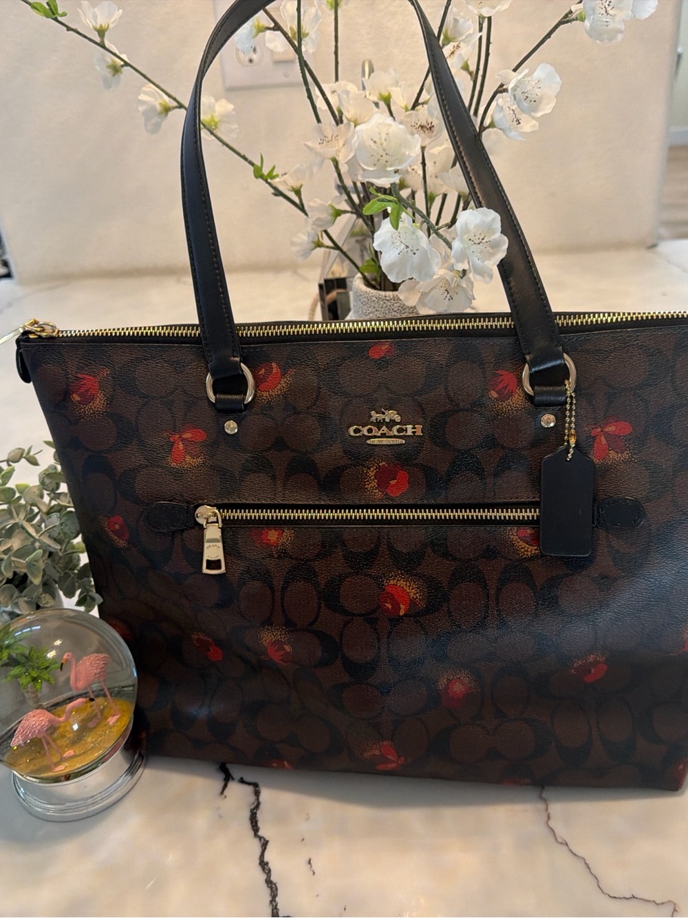 Coach Brown Signature Monogram Tote with Red Floral Accents - Picture 13 of 15
